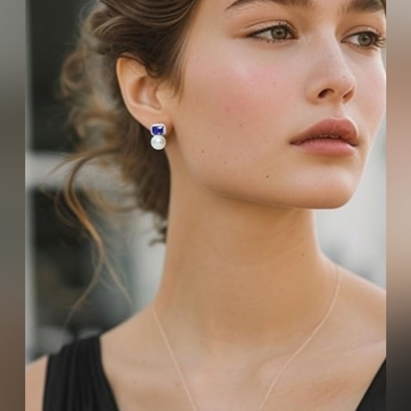 5A Blue Cubic Zirconia Real Cultured Pearls Earrings 925 Sterling Silver - Picture 1 of 6